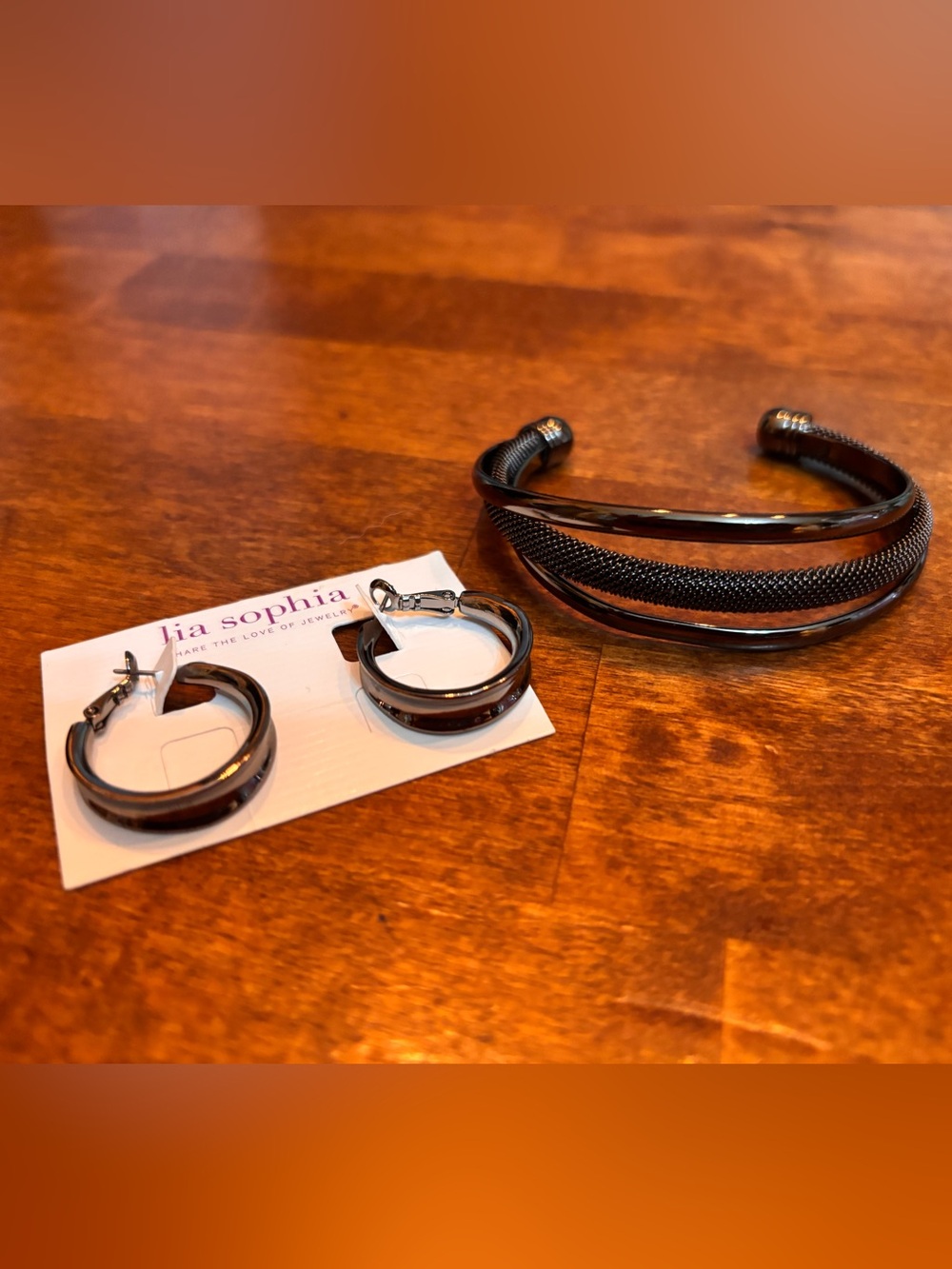 Lia Sophia Glossy Black Hoop Earrings and Matching Cuff Bracelet